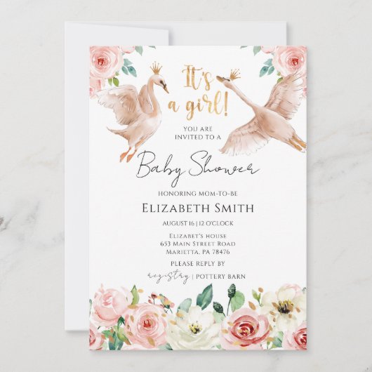 Invitation Floral Swan Princess Baby Shower (Devant)
