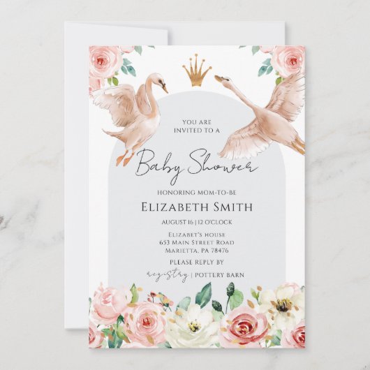 Invitation Floral Swan Princess Baby Shower (Devant)