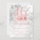 Invitation Floral Sweet 16th Girly Rose Gold & Silver (Devant)