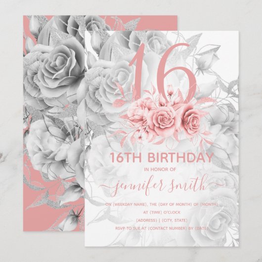 Invitation Floral Sweet 16th Girly Rose Gold & Silver (Devant / Derrière)