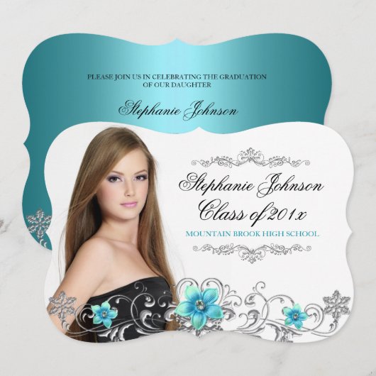 Invitation Floral Swirl Turquoise Blue Graduation Card (Devant / Derrière)