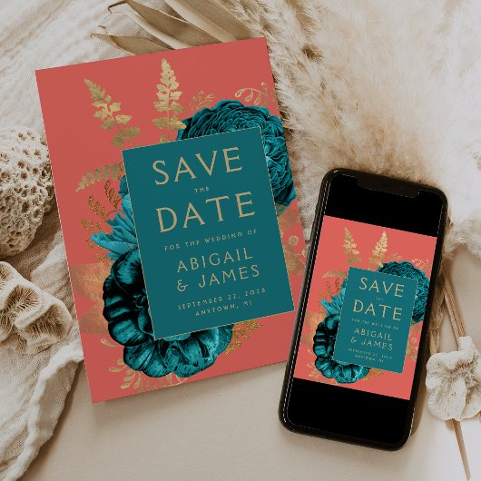 Invitation Floral Teal Coral Gold Wedding Save the Date