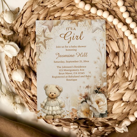 Invitation Floral Teddy Bear C’est un Baby shower féminin