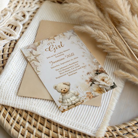 Invitation Floral Teddy Bear C’est un Baby shower féminin