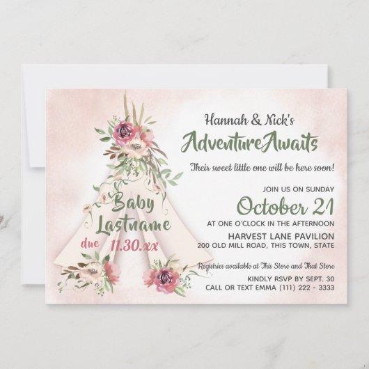 Invitation Floral Teepee Boho Adventure Await Baby shower I (Devant)