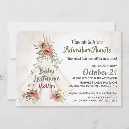 Invitation Floral Teepee Boho Adventure Await Baby shower I (Devant)