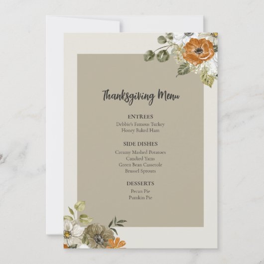 Invitation Floral Thanksgiving Diner Menu Modèle imprimable (Devant)