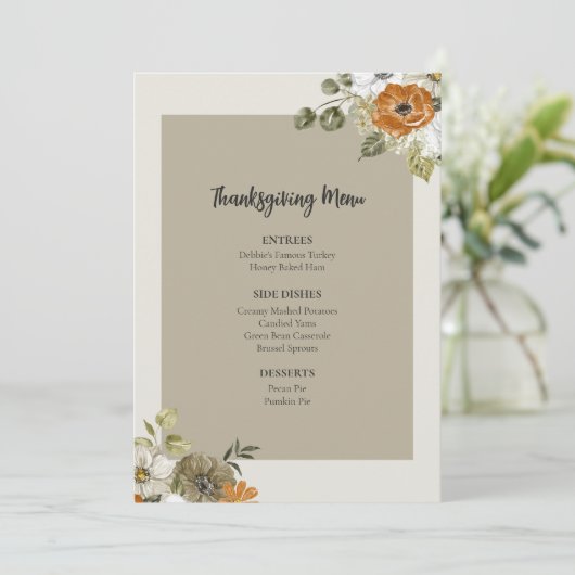 Invitation Floral Thanksgiving Diner Menu Modèle imprimable (Debout devant)