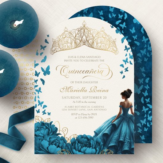 Invitation Floral Tiara Couronne Quinceanera Turquoise