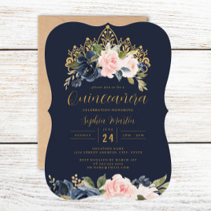 Invitation Floral Tiara Navy Blush Quinceanera