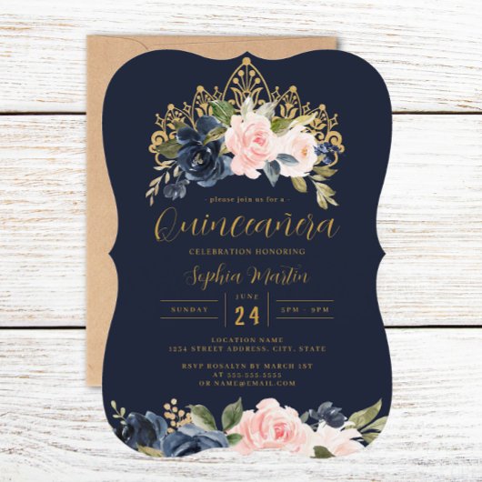 Invitation Floral Tiara Navy Blush Quinceanera
