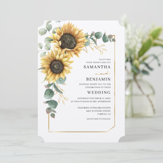 Invitation Floral Tournesol Eucalyptus QR Code Russe Mariage (Debout devant)