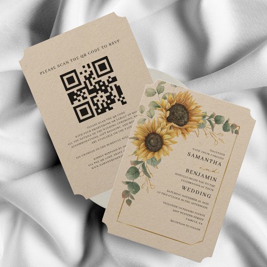 Invitation Floral Tournesol Eucalyptus QR Code Russe Mariage