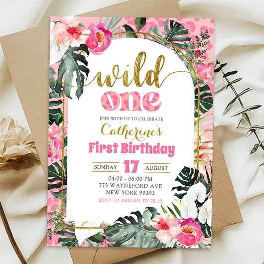 Invitation Floral tropical rose sauvage un premier anniversai