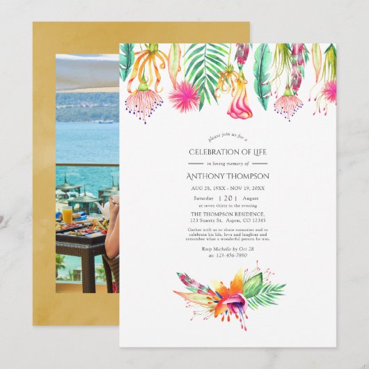 Invitation Floral Tropical Summer Celebration of Life Photo (Devant / Derrière)