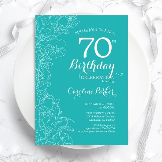 Invitation Floral Turquoise 70e fête d'anniversaire