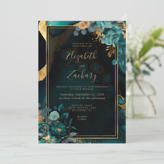 Invitation Floral Turquoise Agate Gold Frame Mariage (Debout devant)