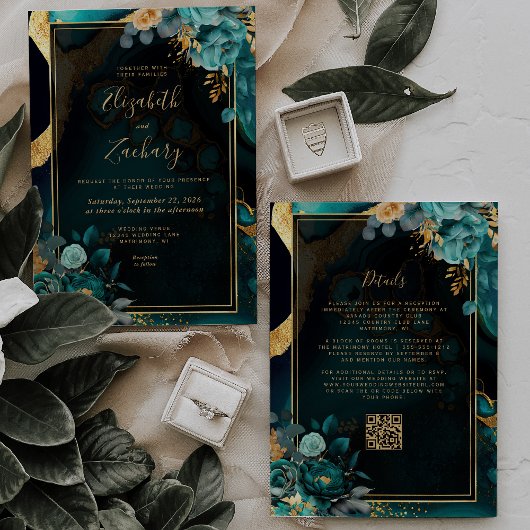 Invitation Floral Turquoise Agate Gold Frame QR Code Mariage