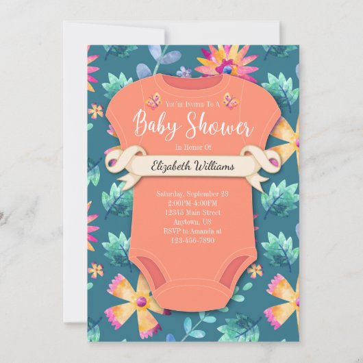 Invitation Floral Turquoise Coral rose Fleurs Baby shower (Devant)