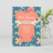 Invitation Floral Turquoise Coral rose Fleurs Baby shower (Debout devant)
