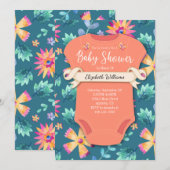Invitation Floral Turquoise Coral rose Fleurs Baby shower (Devant / Derrière)