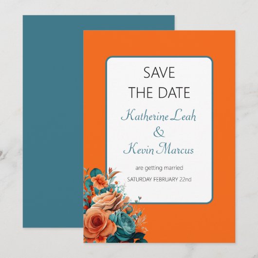 Invitation Floral turquoise et orange Enregistrer le Mariage (Devant / Derrière)