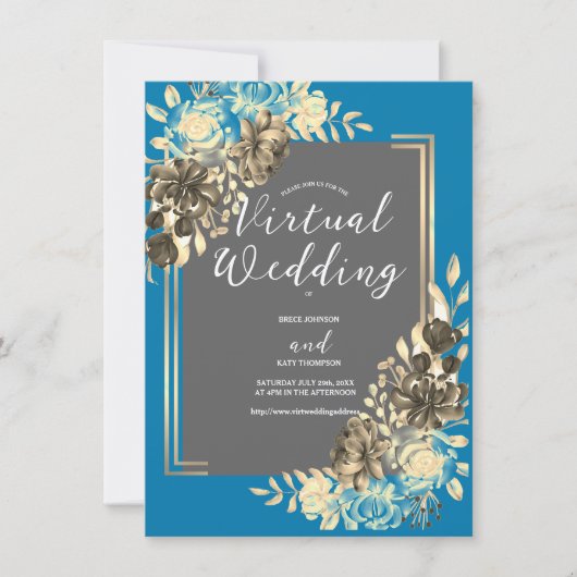 Invitation Floral Turquoise Grey Mariage virtuel (Devant)