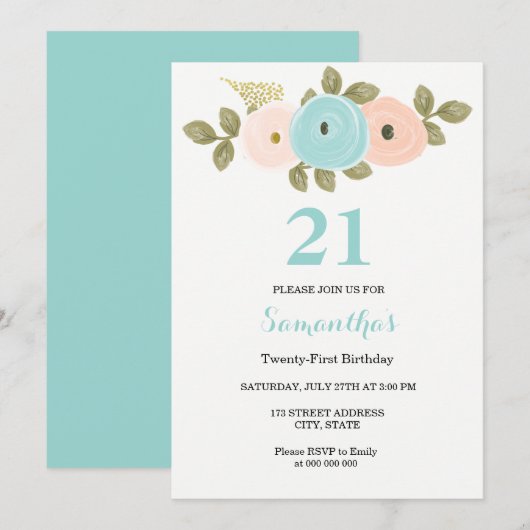 Invitation Floral Turquoise & Peach 21ème anniversaire de fêt (Devant / Derrière)