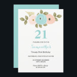 Invitation Floral Turquoise & Peach 21ème anniversaire de fêt<br><div class="desc">Floral Turquoise & Peach 21st Birthday Party Invitation Collection correspondante à Niche et Nest store. Nous avons utilisé des oeuvres de : Freshmint Paperie https://www.etsy.com/shop/FreshmintPaperie</div>