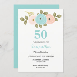 Invitation Floral Turquoise & Peach 50th Birthday Party Invit