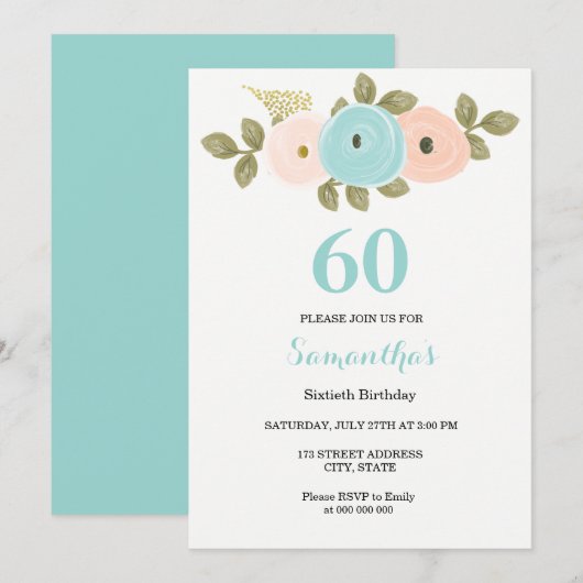 Invitation Floral Turquoise & Peach 60th Birthday Party Invit (Devant / Derrière)