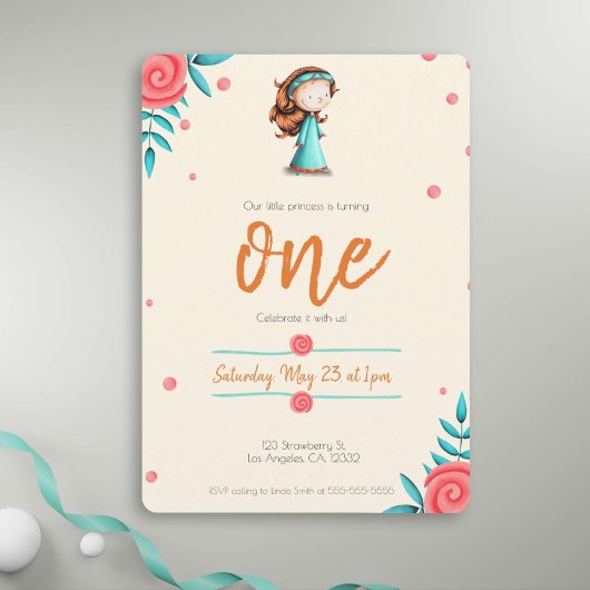 Invitation Floral Turquoise rose cheveux rouge fille premier 