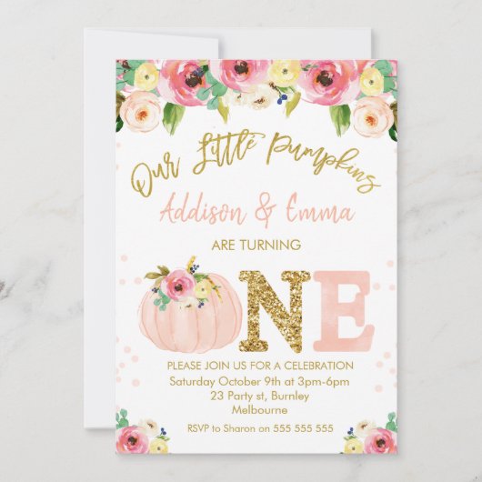 Invitation  Floral Twins Our Little Citrouille Birthday (Devant)