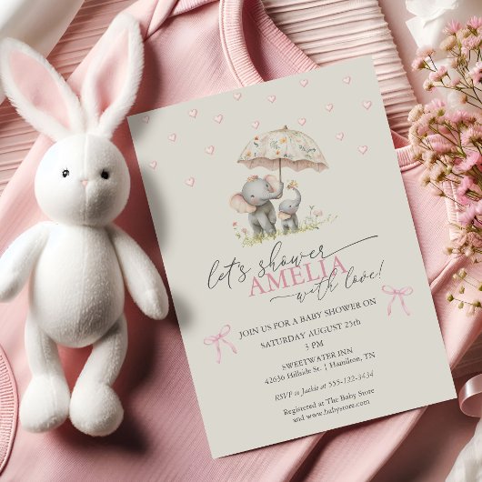Invitation Floral Umbrella Elephant Baby Girl Shower
