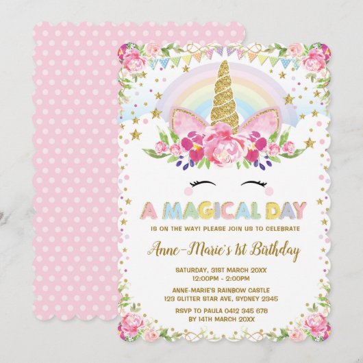 Invitation Floral Unicorn Anniversaire Pink Gold Party Invita (Devant / Derrière)