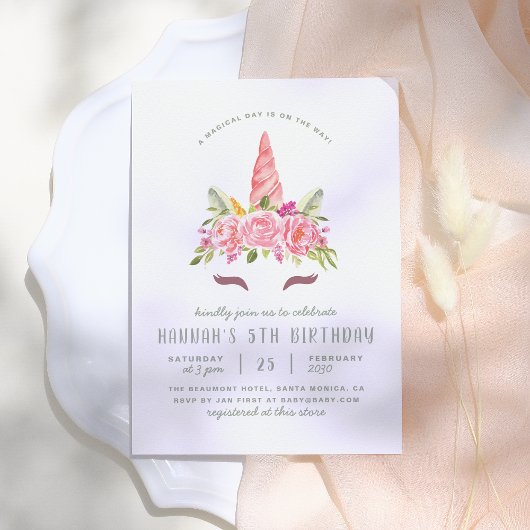 Invitation Floral Unicorn Moderne Filles Fête d'anniversaire