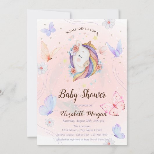 Invitation Floral Unicorn Papillons étoiles Baby shower (Devant)