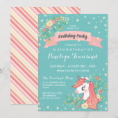 Invitation Floral Unicorn Turquoise Anniversaire (Devant / Derrière)