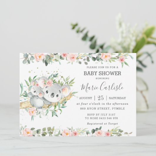 Invitation Floral verdure Eucalyptus Koala Baby shower fille (Debout devant)