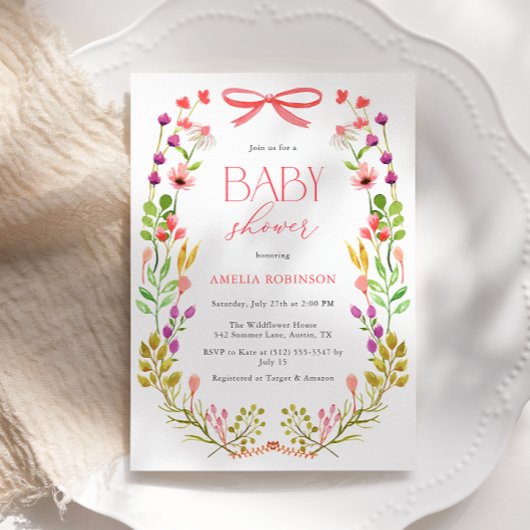 Invitation Floral Vert Bow rose Baby shower rustique