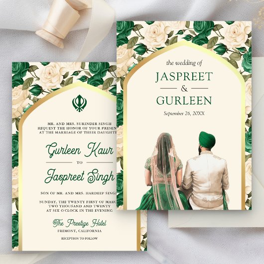 Invitation Floral vert Punjabi Anand Karaj Sikh Mariage