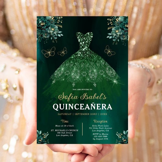 Invitation Floral Vert Quinceanera espagnol bilingue