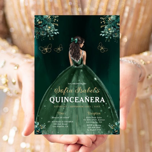 Invitation Floral Vert Quinceanera espagnol bilingue