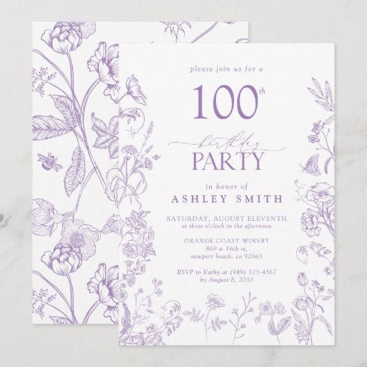 Invitation Floral victorien 100e fête d'anniversaire Lavande (Devant / Derrière)