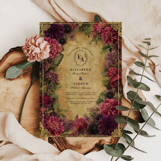 Invitation Floral victorien baroque en Bourgogne et or