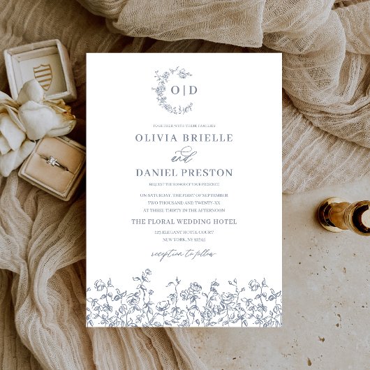 Invitation Floral Vintage Dusty Blue Monogram Mariage