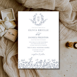 Invitation Floral Vintage Dusty Blue Monogram Mariage