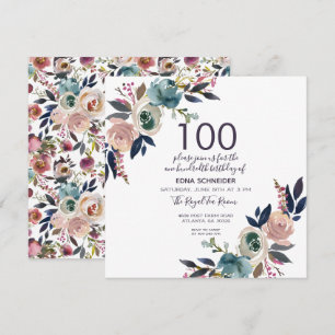 Invitation Floral Vintage Navy & Blush Anniversaire 100 ans