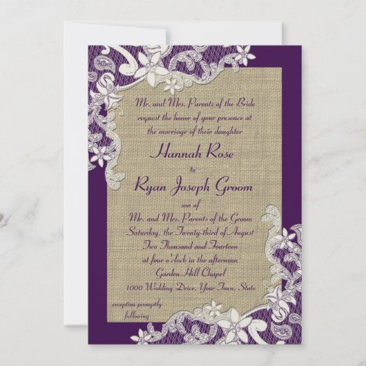 Invitation Floral Vintage pourpre et Burlap (Devant)