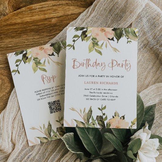Invitation Floral vintage | QR Code fête d'anniversaire